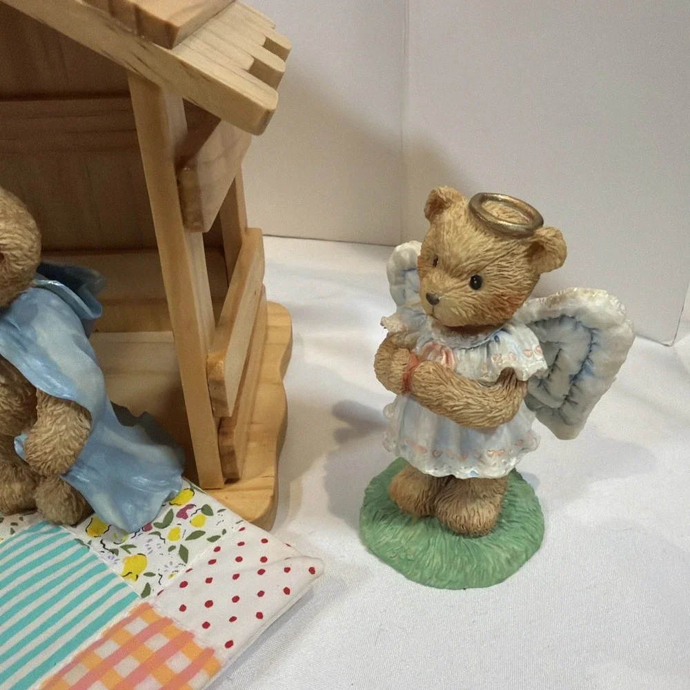Vintage Enesco Cherished Teddies Nativity 4 Piece Set Stable‎ Figurines Box